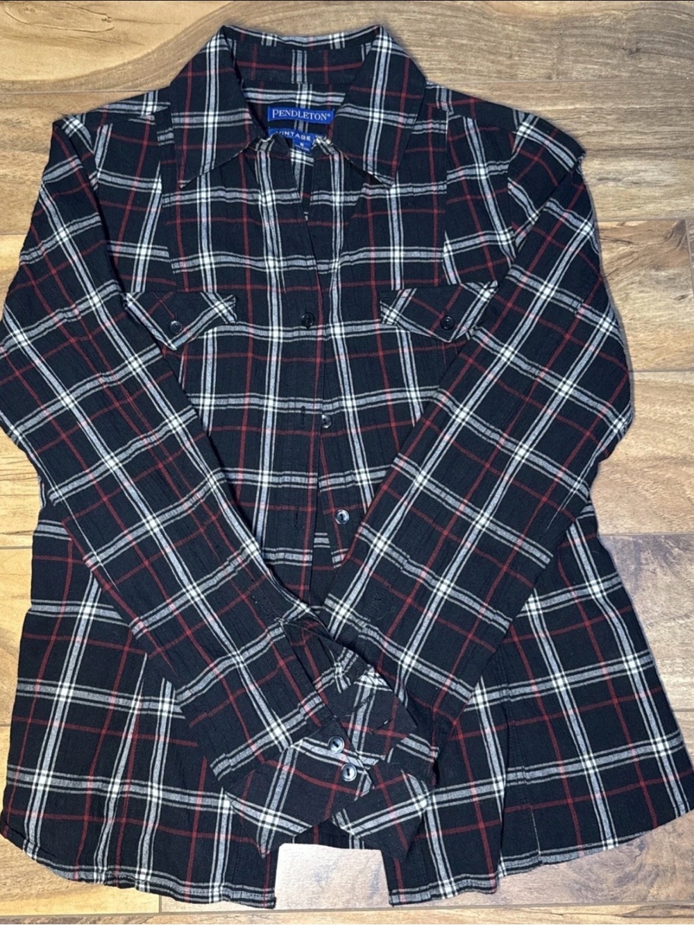 Vintage Pendleton black Plaid Button-Up Shirt with Red and White Stripes